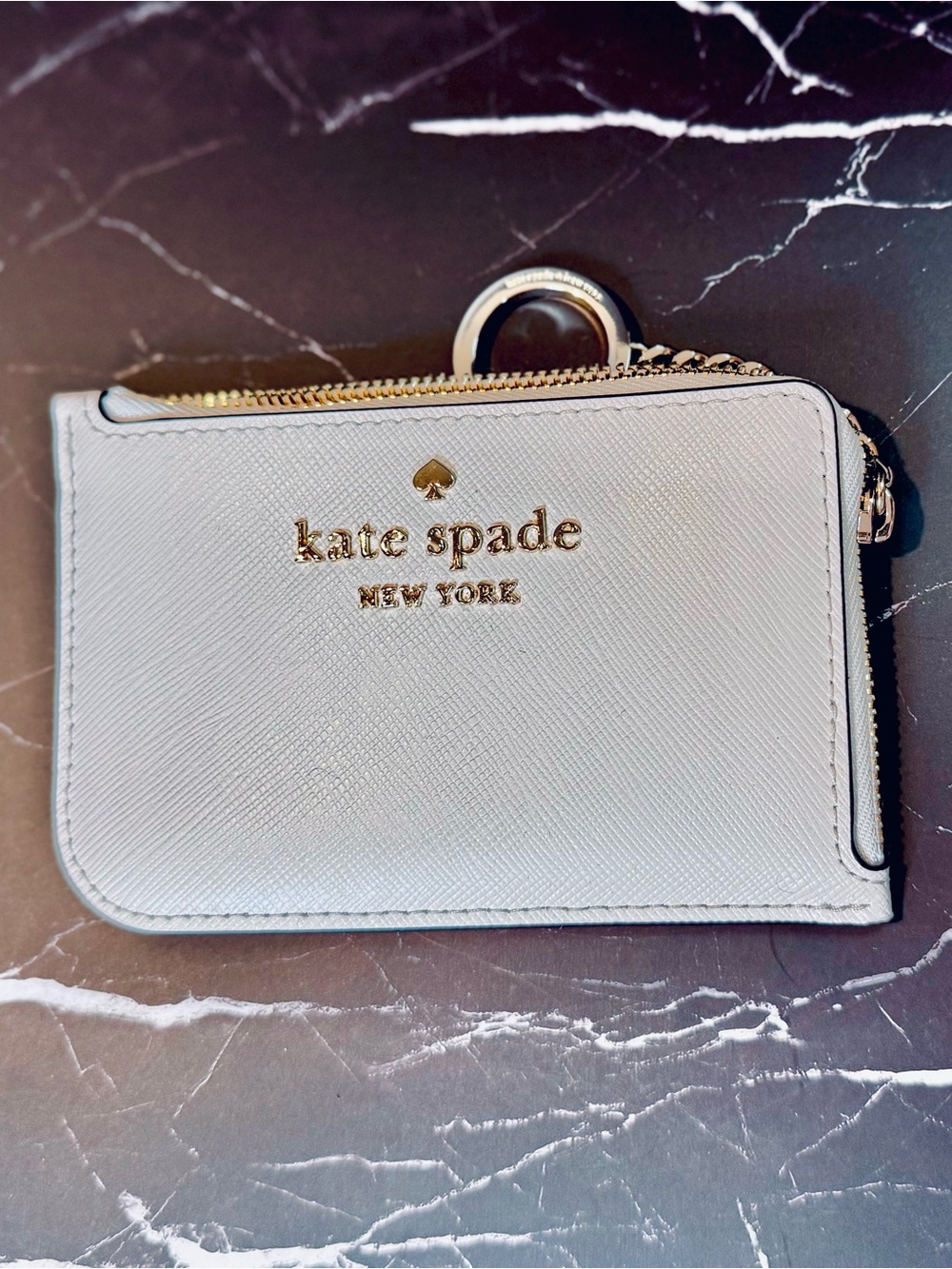 kate spade White Leather Zip Card Case with Gold Logo